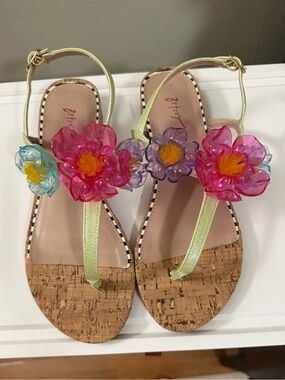 Betsey Johnson Pink, Purple & Green Floral T-Strap Sandals